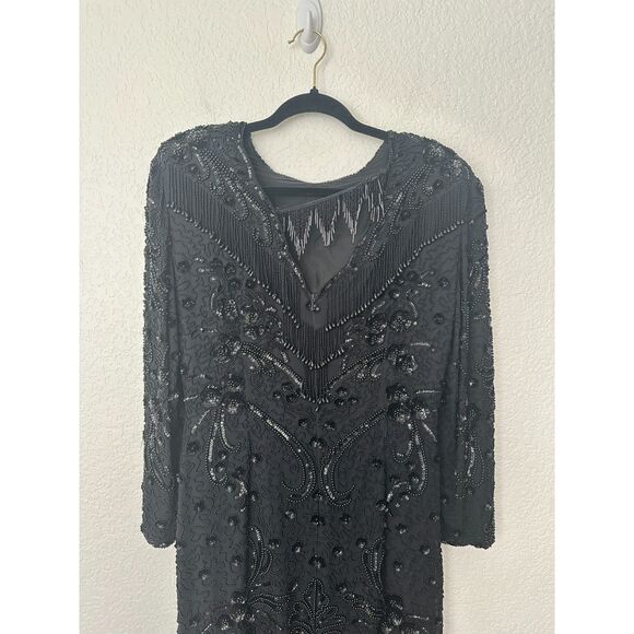 Oleg Cassini Vintage 70s/80s Silk Black Beaded Cocktail Dress 20s Style Flapper - Picture 7 of 13